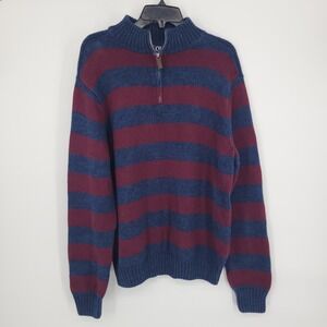 Chaps Mens Large Quarter Zip Sweater Blue Burgundy Striped Knit Size Large